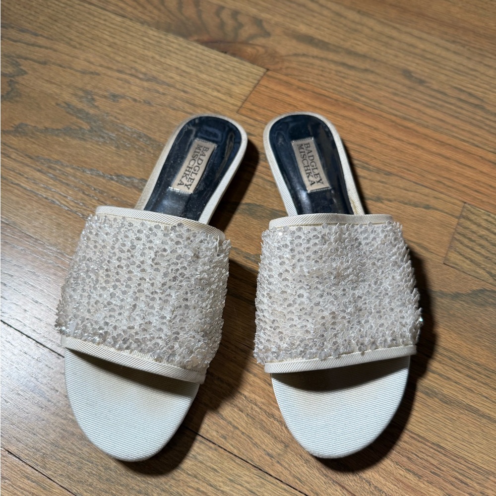 Badgley Mischka Cream Embellished Mules